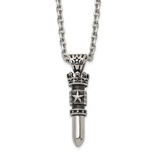 Chisel Stainless Steel Antiqued and Polished Bullet with Crown Pendant on a 24 inch Cable Chain Necklace