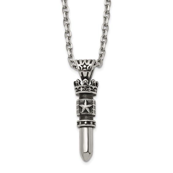 Chisel Stainless Steel Antiqued and Polished Bullet with Crown Pendant on a 24 inch Cable Chain Necklace