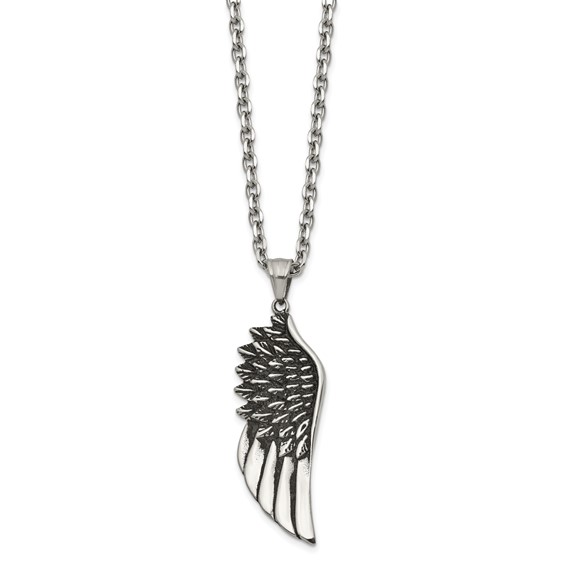 Chisel Stainless Steel Antiqued and Polished Wing Pendant on a 24 inch Cable Chain Necklace