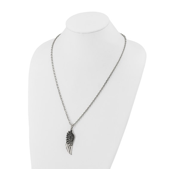 Chisel Stainless Steel Antiqued and Polished Wing Pendant on a 24 inch Cable Chain Necklace