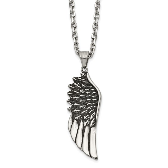 Chisel Stainless Steel Antiqued and Polished Wing Pendant on a 24 inch Cable Chain Necklace