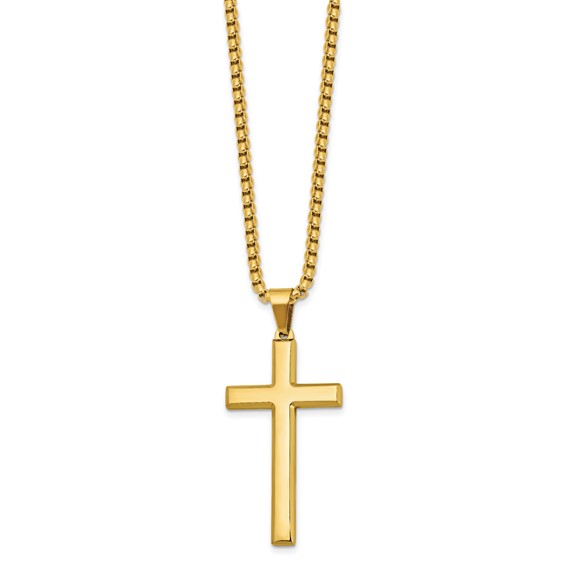 Chisel Stainless Steel Polished Yellow IP-plated Cross Pendant on a 24 inch Box Chain Necklace