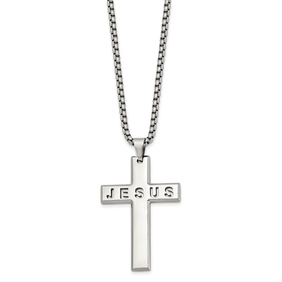 Chisel Stainless Steel Polished Jesus Cross Pendant on a 24 inch Box Chain Necklace