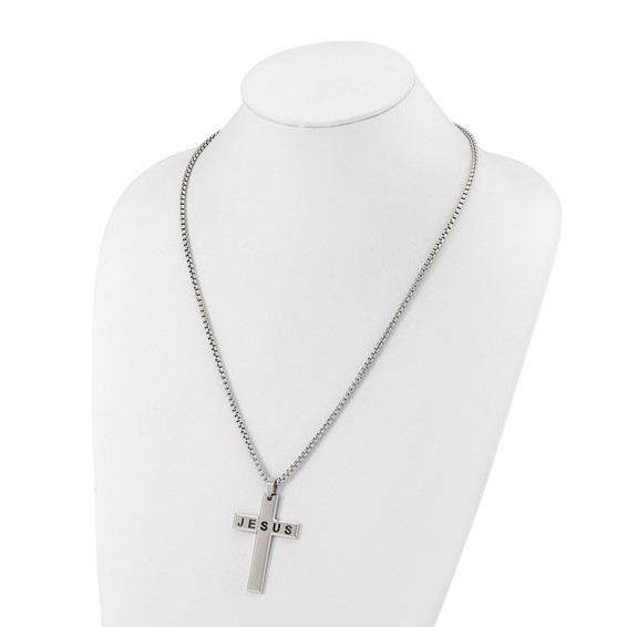 Chisel Stainless Steel Polished Jesus Cross Pendant on a 24 inch Box Chain Necklace