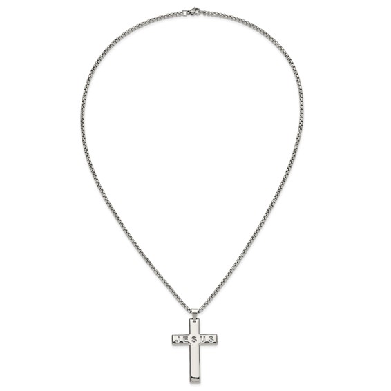 Chisel Stainless Steel Polished Jesus Cross Pendant on a 24 inch Box Chain Necklace