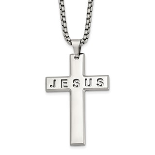 Chisel Stainless Steel Polished Jesus Cross Pendant on a 24 inch Box Chain Necklace