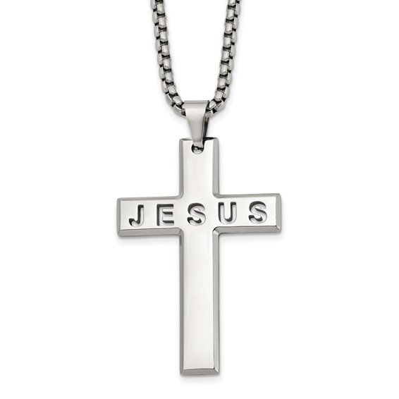 Chisel Stainless Steel Polished Jesus Cross Pendant on a 24 inch Box Chain Necklace