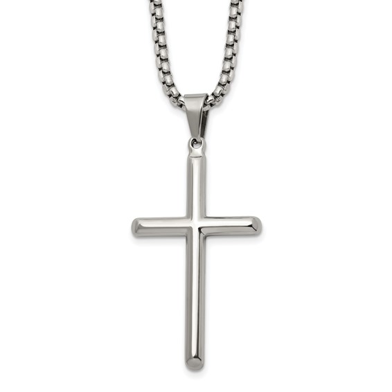 Chisel Stainless Steel Polished Cross Pendant on a 24 inch Box Chain Necklace