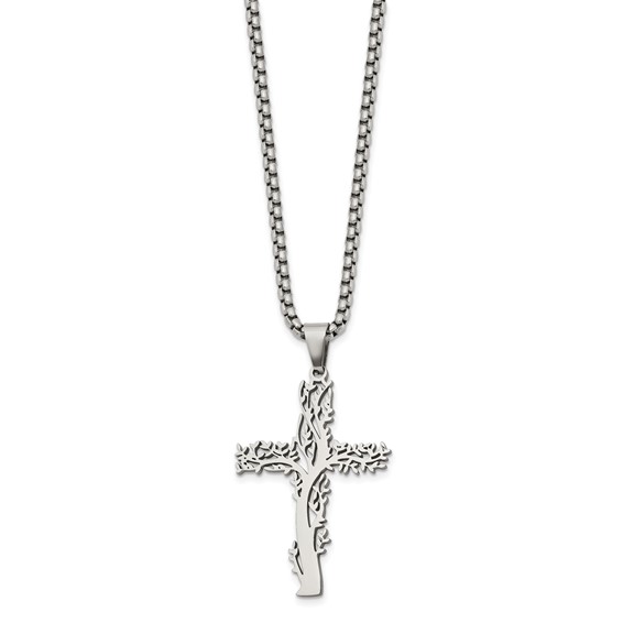 Chisel Stainless Steel Polished Tree Cross Pendant on a 24 inch Box Chain Necklace