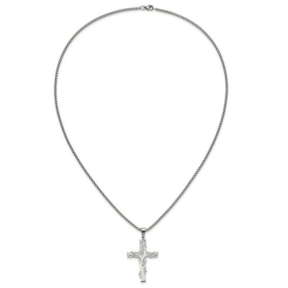 Chisel Stainless Steel Polished Tree Cross Pendant on a 24 inch Box Chain Necklace