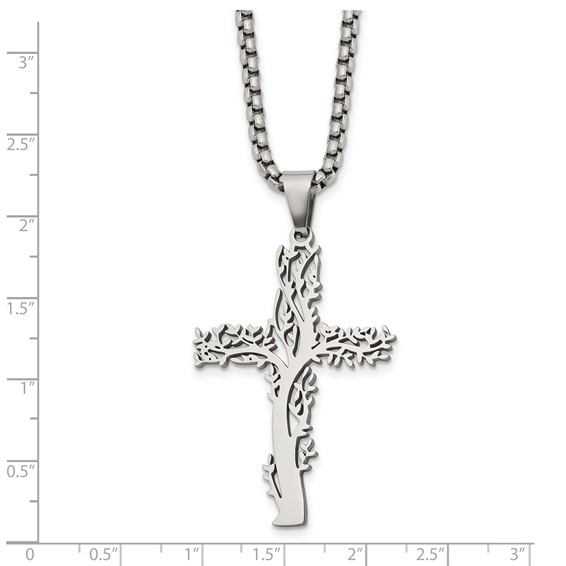 Chisel Stainless Steel Polished Tree Cross Pendant on a 24 inch Box Chain Necklace