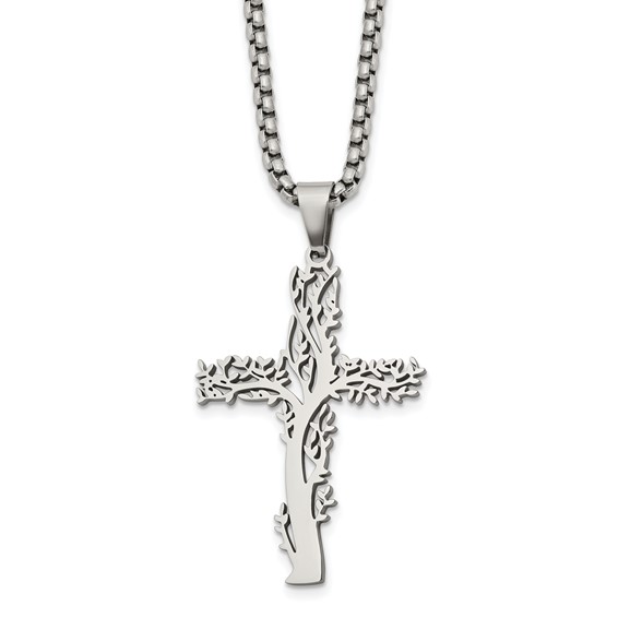 Chisel Stainless Steel Polished Tree Cross Pendant on a 24 inch Box Chain Necklace
