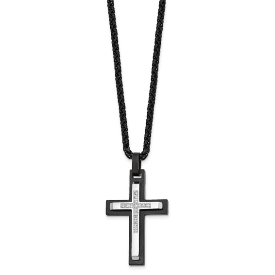 Chisel Stainless Steel Brushed and Polished Black IP-plated with CZ Cross Pendant on a 24 inch Wheat Chain Necklace