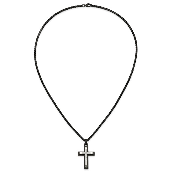 Chisel Stainless Steel Brushed and Polished Black IP-plated with CZ Cross Pendant on a 24 inch Wheat Chain Necklace