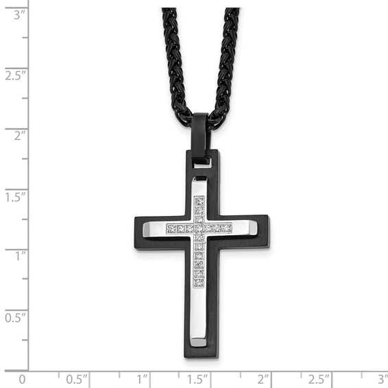 Chisel Stainless Steel Brushed and Polished Black IP-plated with CZ Cross Pendant on a 24 inch Wheat Chain Necklace