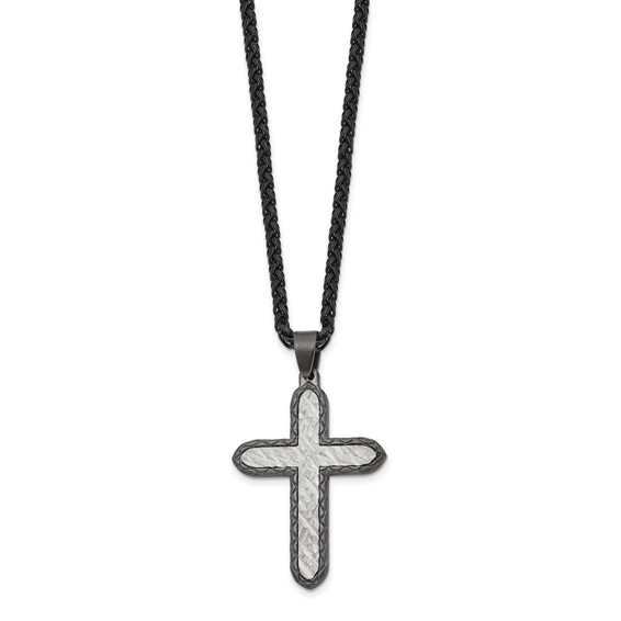 Chisel Stainless Steel Brushed and Textured Gun Metal IP-plated Cross on a 24 inch Wheat Chain Necklace