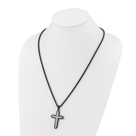 Chisel Stainless Steel Brushed and Textured Gun Metal IP-plated Cross on a 24 inch Wheat Chain Necklace