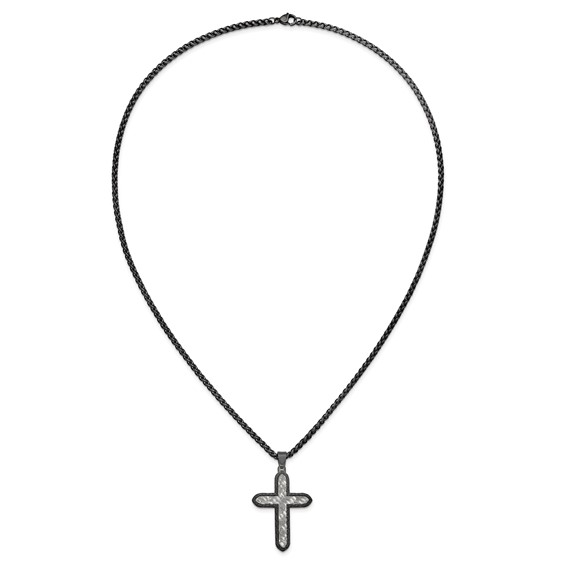 Chisel Stainless Steel Brushed and Textured Gun Metal IP-plated Cross on a 24 inch Wheat Chain Necklace