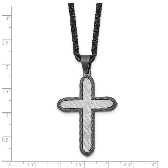 Chisel Stainless Steel Brushed and Textured Gun Metal IP-plated Cross on a 24 inch Wheat Chain Necklace
