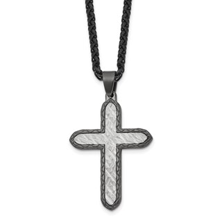 Chisel Stainless Steel Brushed and Textured Gun Metal IP-plated Cross on a 24 inch Wheat Chain Necklace