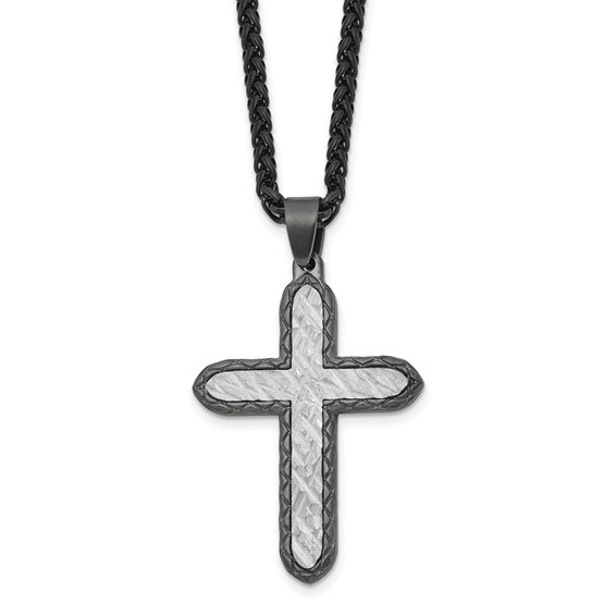 Chisel Stainless Steel Brushed and Textured Gun Metal IP-plated Cross on a 24 inch Wheat Chain Necklace