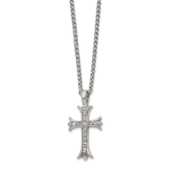 Chisel Stainless Steel Polished with CZ Fancy Cross Pendant on a 24 inch Wheat Chain Necklace