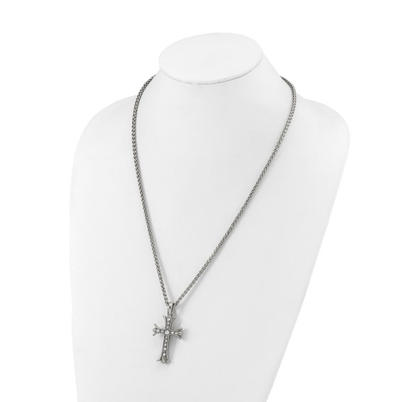 Chisel Stainless Steel Polished with CZ Fancy Cross Pendant on a 24 inch Wheat Chain Necklace