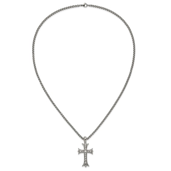 Chisel Stainless Steel Polished with CZ Fancy Cross Pendant on a 24 inch Wheat Chain Necklace