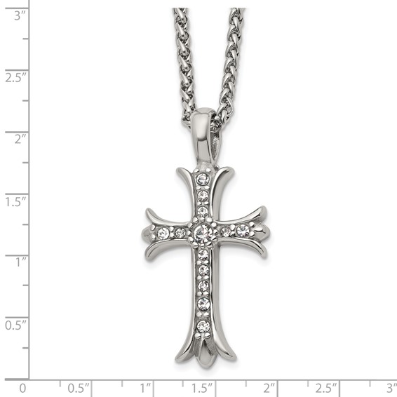 Chisel Stainless Steel Polished with CZ Fancy Cross Pendant on a 24 inch Wheat Chain Necklace
