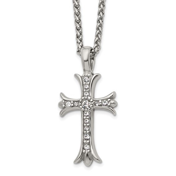 Chisel Stainless Steel Polished with CZ Fancy Cross Pendant on a 24 inch Wheat Chain Necklace