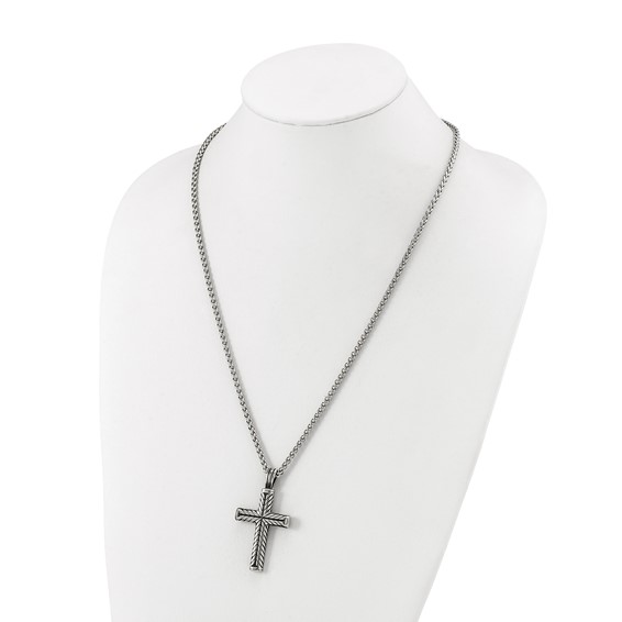 Chisel Stainless Steel Antiqued and Polished Cross Pendant on a 24 inch Wheat Chain Necklace