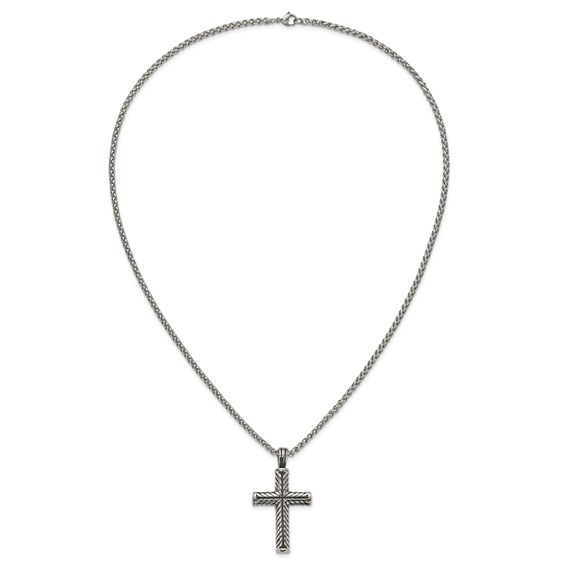 Chisel Stainless Steel Antiqued and Polished Cross Pendant on a 24 inch Wheat Chain Necklace