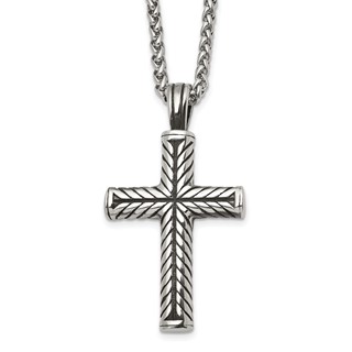 Chisel Stainless Steel Antiqued and Polished Cross Pendant on a 24 inch Wheat Chain Necklace