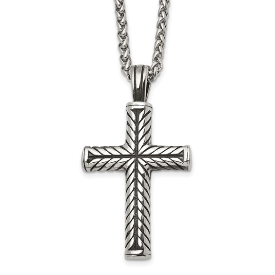 Chisel Stainless Steel Antiqued and Polished Cross Pendant on a 24 inch Wheat Chain Necklace