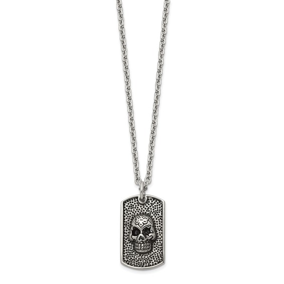 Chisel Stainless Steel Antiqued and Polished Skull Dog Tag on a 24 inch Cable Chain Necklace