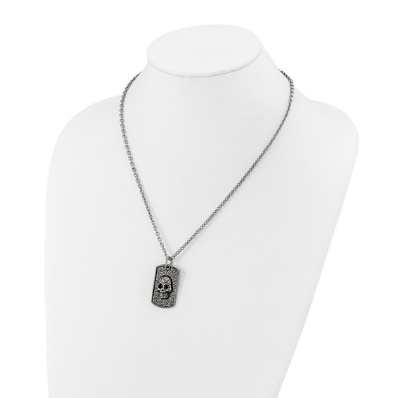 Chisel Stainless Steel Antiqued and Polished Skull Dog Tag on a 24 inch Cable Chain Necklace