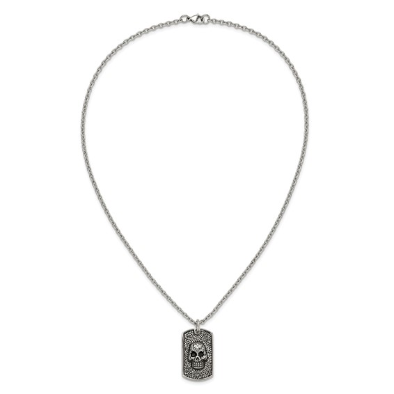 Chisel Stainless Steel Antiqued and Polished Skull Dog Tag on a 24 inch Cable Chain Necklace