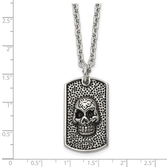 Chisel Stainless Steel Antiqued and Polished Skull Dog Tag on a 24 inch Cable Chain Necklace