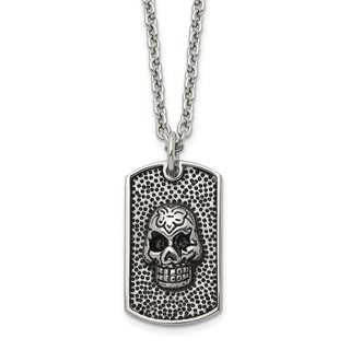 Chisel Stainless Steel Antiqued and Polished Skull Dog Tag on a 24 inch Cable Chain Necklace