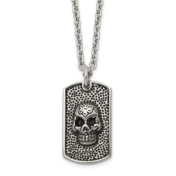 Chisel Stainless Steel Antiqued and Polished Skull Dog Tag on a 24 inch Cable Chain Necklace