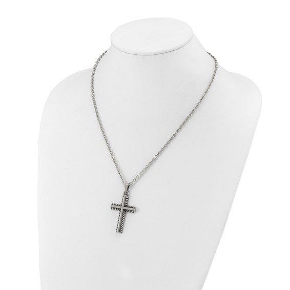 Chisel Stainless Steel Antiqued and Polished Textured Edge Cross Pendant on a 24 inch Cable Chain Necklace