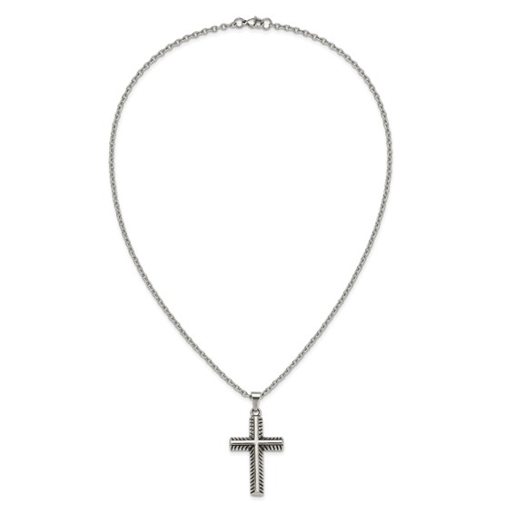 Chisel Stainless Steel Antiqued and Polished Textured Edge Cross Pendant on a 24 inch Cable Chain Necklace