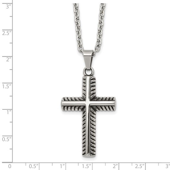 Chisel Stainless Steel Antiqued and Polished Textured Edge Cross Pendant on a 24 inch Cable Chain Necklace