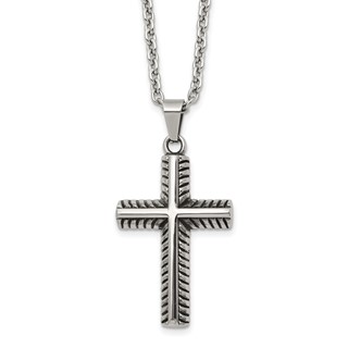 Chisel Stainless Steel Antiqued and Polished Textured Edge Cross Pendant on a 24 inch Cable Chain Necklace