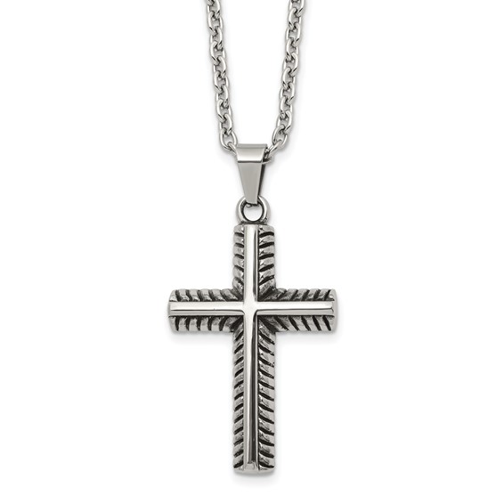 Chisel Stainless Steel Antiqued and Polished Textured Edge Cross Pendant on a 24 inch Cable Chain Necklace