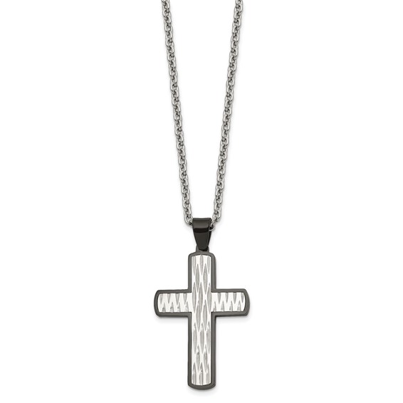 Chisel Stainless Steel Polished Diamond-cut  Black IP-plated Cross Pendant on a 24 inch Cable Chain Necklace