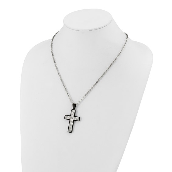 Chisel Stainless Steel Polished Diamond-cut  Black IP-plated Cross Pendant on a 24 inch Cable Chain Necklace