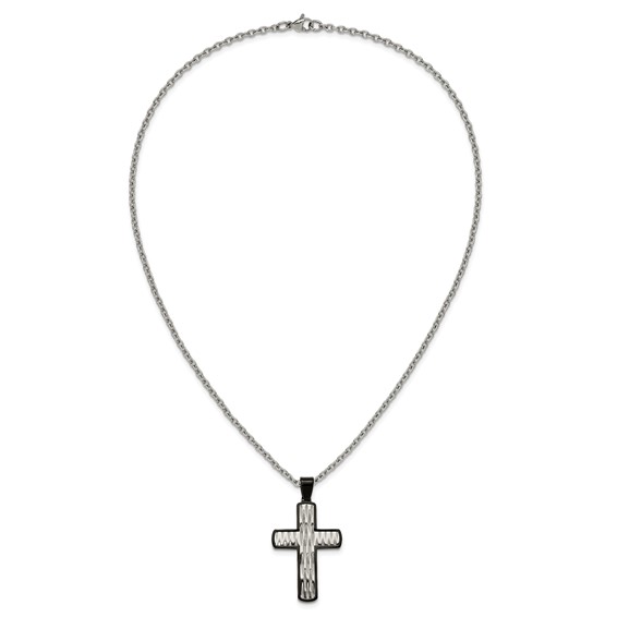 Chisel Stainless Steel Polished Diamond-cut  Black IP-plated Cross Pendant on a 24 inch Cable Chain Necklace