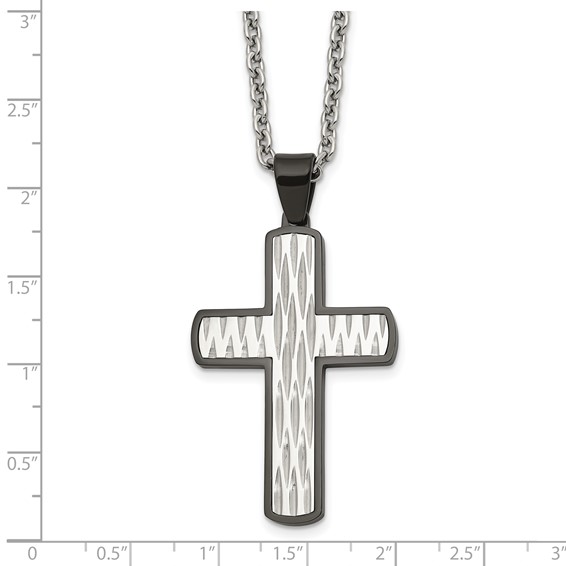 Chisel Stainless Steel Polished Diamond-cut  Black IP-plated Cross Pendant on a 24 inch Cable Chain Necklace