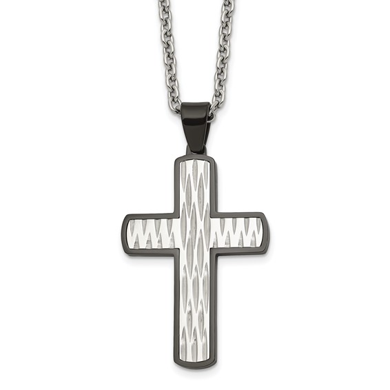 Chisel Stainless Steel Polished Diamond-cut  Black IP-plated Cross Pendant on a 24 inch Cable Chain Necklace